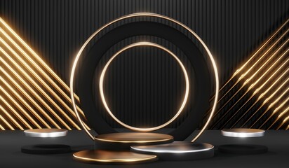 3d render black podium background showcases a premium, minimal and modern design with a combination of geometric shapes, golden glitter and a realistic studio room setting, creating a perfect platform