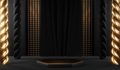 3d render black podium background showcases a premium, minimal and modern design with a combination of geometric shapes, golden glitter and a realistic studio room setting, creating a perfect platform