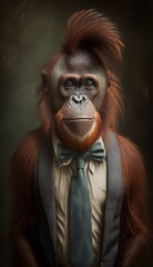 Stylish Humanoid Gentleman Animal in a Formal Well-Made Bow Tie at a Business Dance Party Ball Celebration - Realistic Portrait Illustration Art Showcasing Cute and Cool Orangutan  (generative AI)