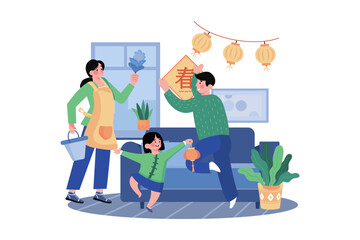 The family has wall decorations when preparing the house for the lunar new year.