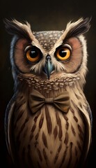 Obraz premium Stylish Humanoid Gentleman Animal in a Formal Well-Made Bow Tie at a Business Dance Party Ball Celebration - Realistic Portrait Illustration Art Showcasing Cute and Cool Owl (generative AI)