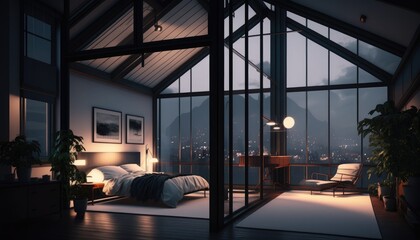 Luxury penthouse bedroom at night, ai generative - obrazy, fototapety, plakaty