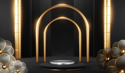 3d render black podium background showcases a premium, minimal and modern design with a combination of geometric shapes, golden glitter and a realistic studio room setting, creating a perfect platform