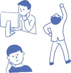 男性　通勤　ガッツポーズ　腕組み　考える　線画