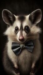 Stylish Humanoid Gentleman Animal in a Formal Well-Made Bow Tie at a Business Dance Party Ball Celebration - Realistic Portrait Illustration Art Showcasing Cute and Cool Possum  (generative AI)