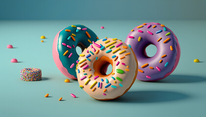 sprinkled, donuts, doughnuts with sprinkles isolate on color background, 3d rendering, generative ai