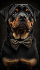 Obraz premium Stylish Humanoid Gentleman Dog in a Formal Well-Made Bow Tie at a Business Dance Party Ball Celebration - Realistic Portrait Illustration Art Showcasing Cute and Cool Rottweiler (generative AI)
