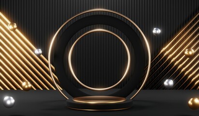 3d render black podium background showcases a premium, minimal and modern design with a combination of geometric shapes, golden glitter and a realistic studio room setting, creating a perfect platform