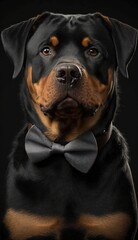 Stylish Humanoid Gentleman Dog in a Formal Well-Made Bow Tie at a Business Dance Party Ball Celebration - Realistic Portrait Illustration Art Showcasing Cute and Cool Rottweiler  (generative AI)