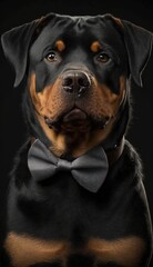 Fototapeta premium Stylish Humanoid Gentleman Dog in a Formal Well-Made Bow Tie at a Business Dance Party Ball Celebration - Realistic Portrait Illustration Art Showcasing Cute and Cool Rottweiler (generative AI)