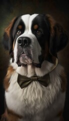 Obraz premium Stylish Humanoid Gentleman Dog in a Formal Well-Made Bow Tie at a Business Dance Party Ball Celebration - Realistic Portrait Illustration Art Showcasing Cute and Cool Saint Bernard (generative AI)