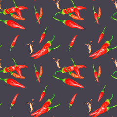 Tabasco hot pepper and flame watercolor seamless pattern isolated on grey.