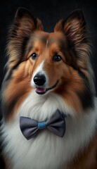 Stylish Humanoid Gentleman Dog in a Formal Well-Made Bow Tie at a Business Dance Party Ball Celebration - Realistic Portrait Illustration Art Showcasing Cute and Cool Shetland Sheepdog generative AI - obrazy, fototapety, plakaty