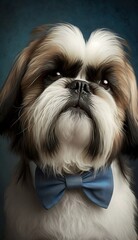 Stylish Humanoid Gentleman Dog in a Formal Well-Made Bow Tie at a Business Dance Party Ball Celebration - Realistic Portrait Illustration Art Showcasing Cute and Cool Shih Tzu  (generative AI)