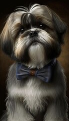 Stylish Humanoid Gentleman Dog in a Formal Well-Made Bow Tie at a Business Dance Party Ball Celebration - Realistic Portrait Illustration Art Showcasing Cute and Cool Shih Tzu  (generative AI)