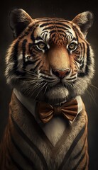 Stylish Humanoid Gentleman Animal in a Formal Well-Made Bow Tie at a Business Dance Party Ball Celebration - Realistic Portrait Illustration Art Showcasing Cute and Cool Tiger  (generative AI)