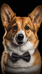 Naklejka na ściany i meble Stylish Humanoid Gentleman Dog in a Formal Well-Made Bow Tie at a Business Dance Party Ball Celebration - Realistic Portrait Illustration Art Showcasing Cute and Cool Welsh Corgi (generative AI)