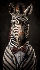 Fototapeta na wymiar Stylish Humanoid Gentleman Animal in a Formal Well-Made Bow Tie at a Business Dance Party Ball Celebration - Realistic Portrait Illustration Art Showcasing Cute and Cool Zebra (generative AI)