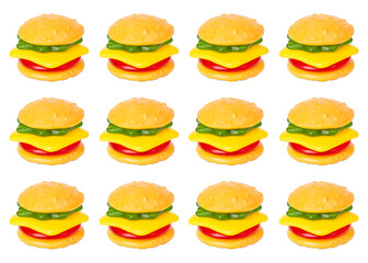 Twelve marmalade burgers isolated on white background. Marmalade in the form of burgers. Pattern, wallpaper, background.