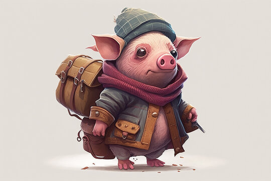 Adorable piglet adventurer dressed warmly, anthropomorphic vector art. AI Generative