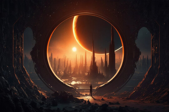 Alien city under a vantablack sun, epic sci-fi 4k by multiple artists. AI Generative