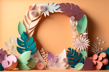 Abstract cut out paper flowers, floral frame. Generative AI
