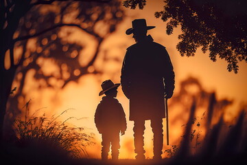 Father and son in the park at sunset against the background of a tree. Generative AI
