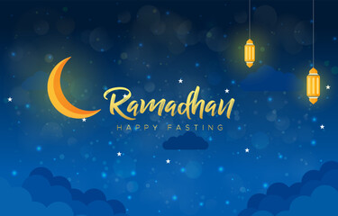 happy fasting ramadan with beautiful shiny luxury islamic ornament and abstract gradient dark blue background design