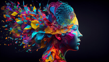 Concept art of a human brain exploding with knowledge and creativity. Colorful human head with art ink splash about ideas, innovation, and technology. generative ai - obrazy, fototapety, plakaty