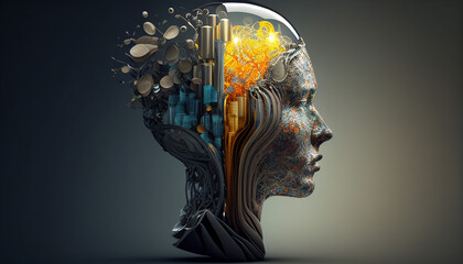Concept art of a human brain exploding with knowledge and creativity. Colorful human head with art ink splash about ideas, innovation, and technology. generative ai - obrazy, fototapety, plakaty