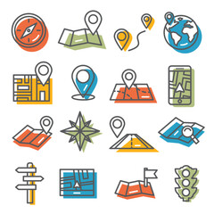 Location and map icons set on white background