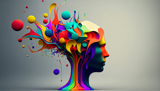 Concept art of a human brain exploding with knowledge and creativity. Colorful human head with art ink splash about ideas, innovation, and technology. generative ai