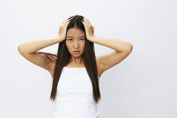 Fototapeta premium Asian woman facial skin problems, acne and inflammation, red rashes and allergies, chicken pox, sadness from rashes. Facial skin care concept for diseases and nerves