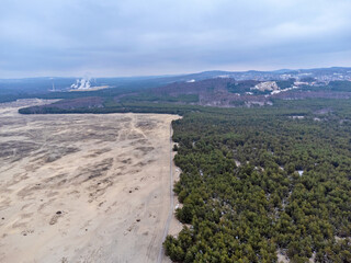 Aerial view landscape. View of Bledowska Desert, sand and trees, Poland.