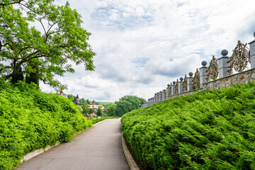 Beautiful empty asphalt road in countryside on colored background