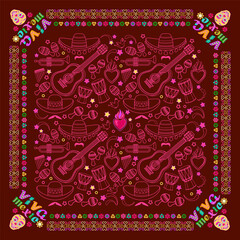 Obraz premium Mexican square pattern. Words Viva Mexico and symbols. Bandana. Vector.
