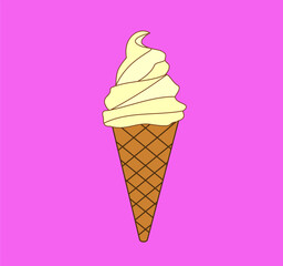 Vanilla Ice Cream Cone. Creme Brulee Ice Cream Cone cornet. Soft serve ice cream in a wafer cone Vector Ice Cream Cone Illustration.