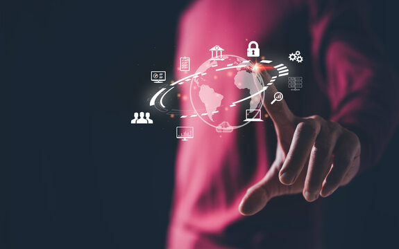 Business global internet connection technology , Financial and banking, Digital link tech, big data.man working with keyboard show connecting of world intrnet network,cloud computing,data and security