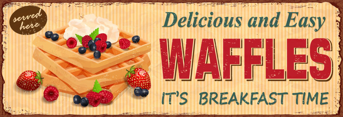 Vintage Waffles with fruit fillings metal sign.Retro poster 1950s style.