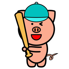 ブタ　野球バット　ヘルメット　イラスト