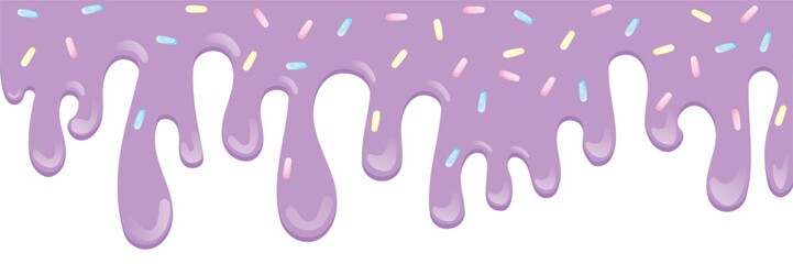Yellow soft ice cream, sweet candy splashes, long border, seamless banner pattern, vector white background