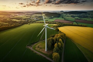 Beautiful Sunset View of Green Landscape and Wind Turbine: Innovative Alternative Energy Concept. Photo AI - obrazy, fototapety, plakaty