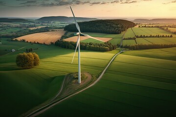 Beautiful Sunset View of Green Landscape and Wind Turbine: Innovative Alternative Energy Concept. Photo AI - obrazy, fototapety, plakaty