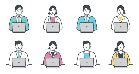 パソコンを操作するビジネスパーソンのイラストセット