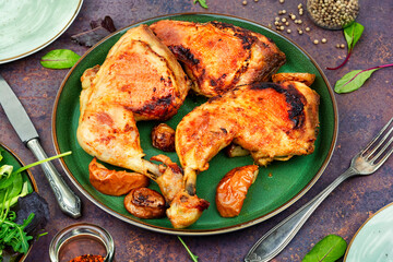 Fried chicken drumstick on a plate.