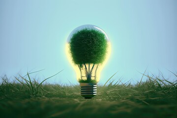 Innovative Thinking: Get Green Ideas with a Light Bulb Covered in Grass. Photo AI
