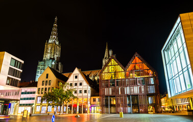 Old town of Ulm with houses and Cathedral in Germany at night