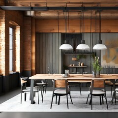 A rustic and industrial dining room with a reclaimed wood table and metal chairs1, Generative AI