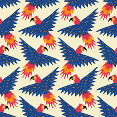 Jungle parrots hand drawn vector illustration. Funny colorful macaw bird in flat style seamless pattern for kids fabric or wallpaper.