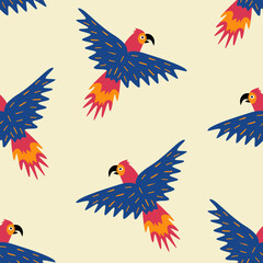 Colorful flying parrots hand drawn vector illustration. Adorable jungle macaw bird in flat style seamless pattern for kids fabric or wallpaper. © Елена Радькова